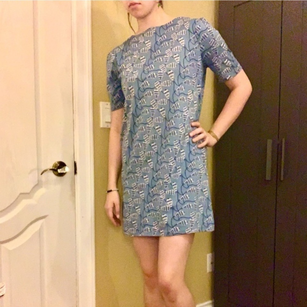 A.P.C. Blue Patterned Short Sleeve Crewneck Stretch T-Shirt Dress Small